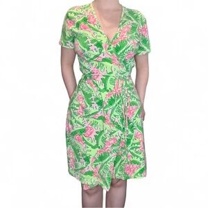 Lilly Pulitzer Tropical Monkey Green and Pink Mini true wrap Dress size small